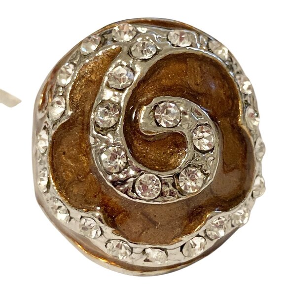 Vintage Brown Enamel Swirl Crystal Cocktail Ring Art Deco Silver Plated Size 8 - Picture 1 of 12